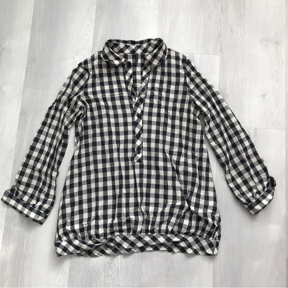 NAF NAF TUNIC SHIRT BLUE WHITE CHECK LONG SLEEVE COLLARED PULLOVER 40